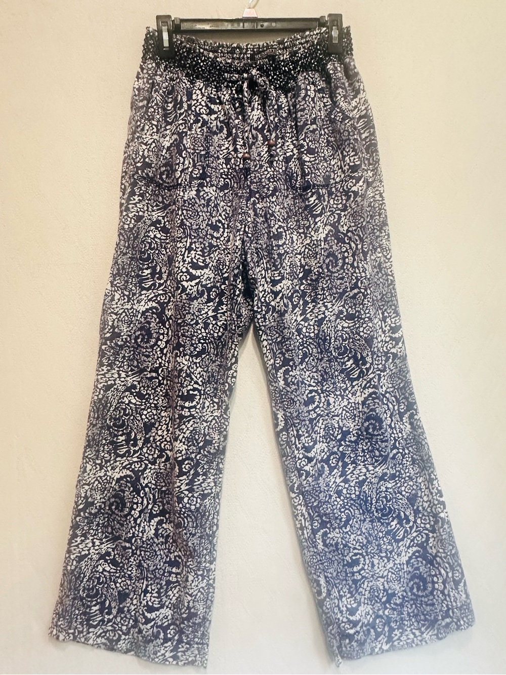 Sound Style Blue White Casual Pull On Linen Pants Sz L Side Pockets Back Pockets